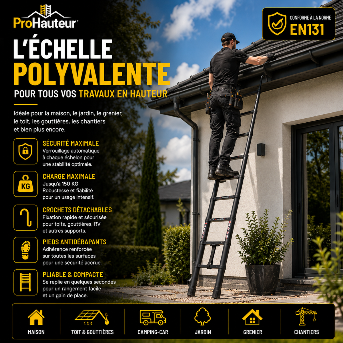 Échelle Télescopique en Aluminium avec Crochets – 3,8 m – EN131 – Charge 150 kg