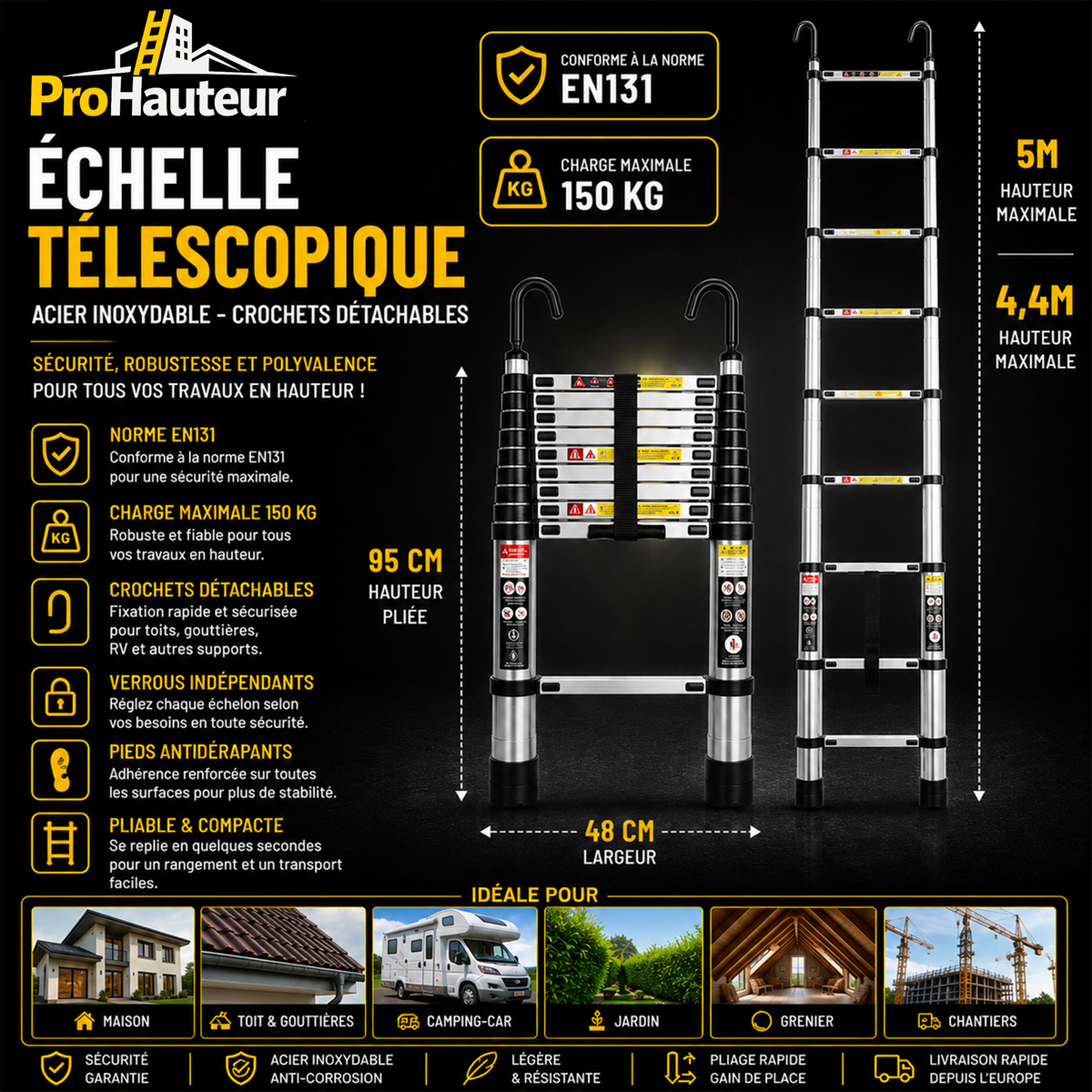 Échelle Télescopique en Acier Inoxydable avec Crochets – 5 m – EN131 – Charge 150 kg
