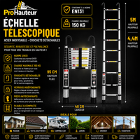 Échelle Télescopique en Acier Inoxydable avec Crochets – 5 m – EN131 – Charge 150 kg