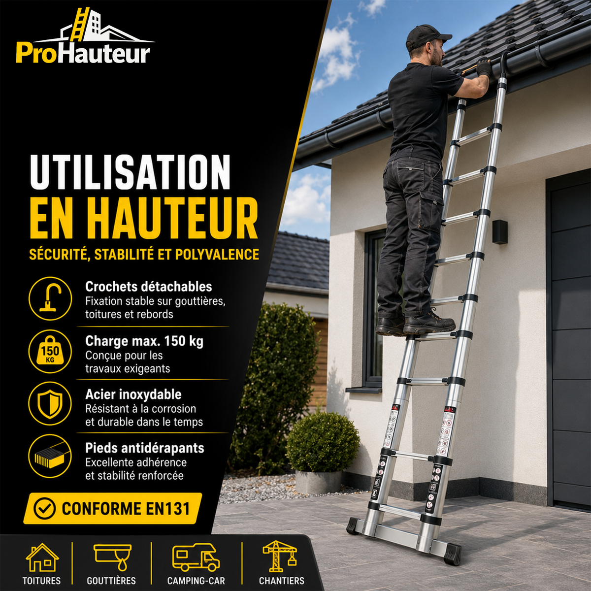 Échelle Télescopique en Acier Inoxydable avec Crochets – 5 m – EN131 – Charge 150 kg
