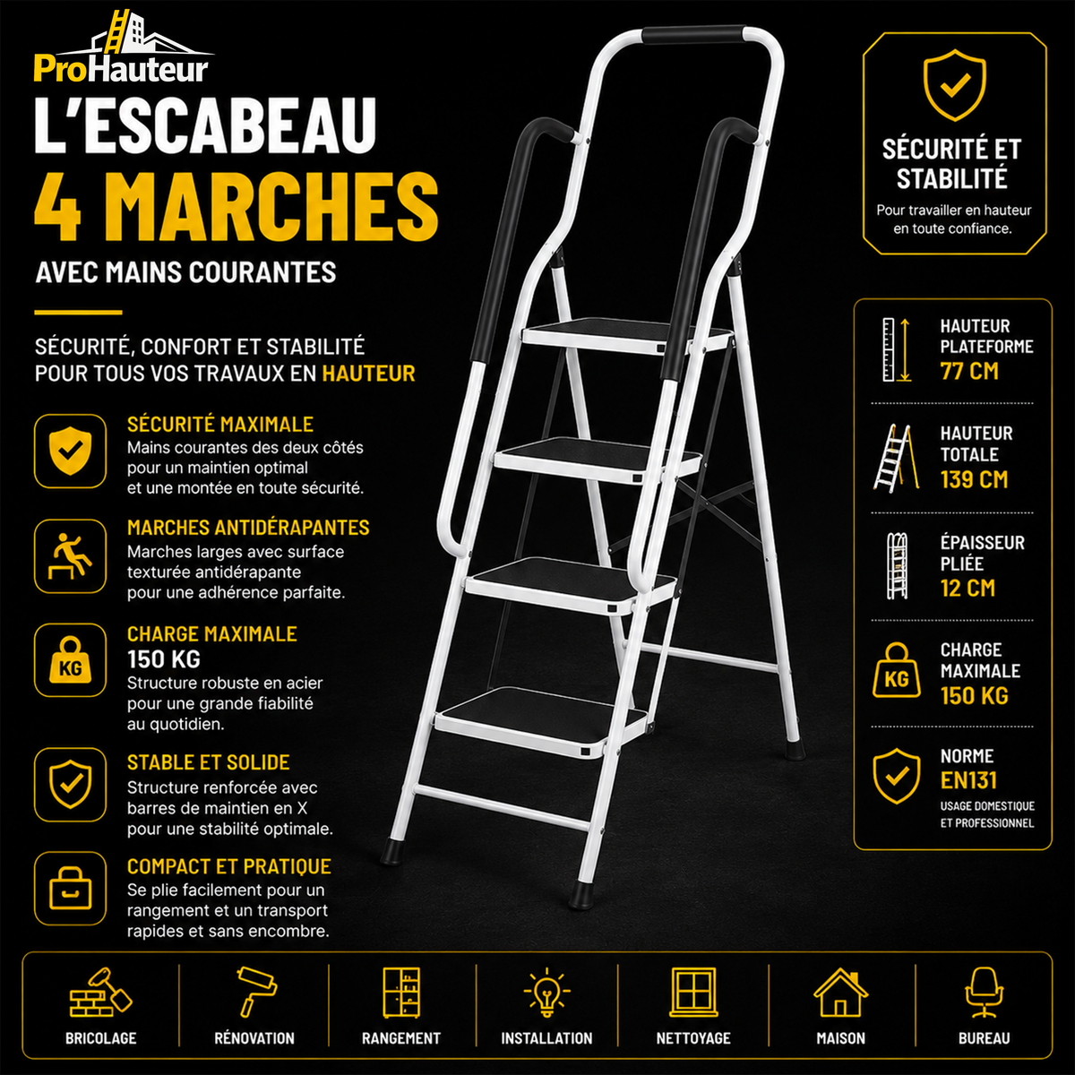 Escabeau Pliant 4 Marches avec Main Courante – Charge 150 kg – Compact & Antidérapant