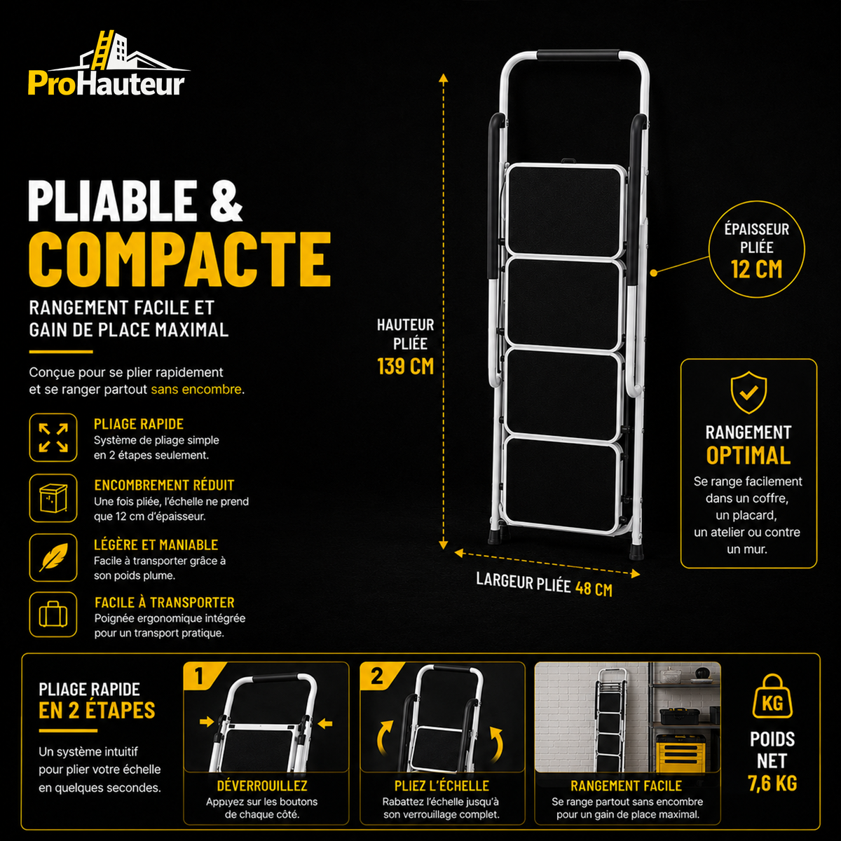 Escabeau Pliant 4 Marches avec Main Courante – Charge 150 kg – Compact & Antidérapant