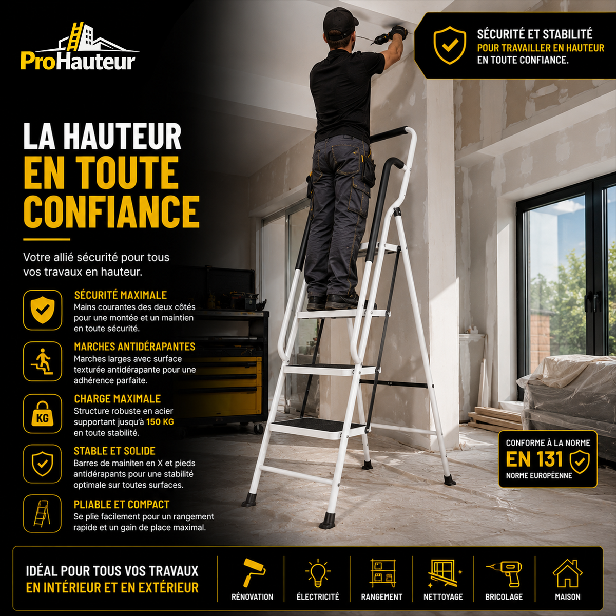 Escabeau Pliant 4 Marches avec Main Courante – Charge 150 kg – Compact & Antidérapant